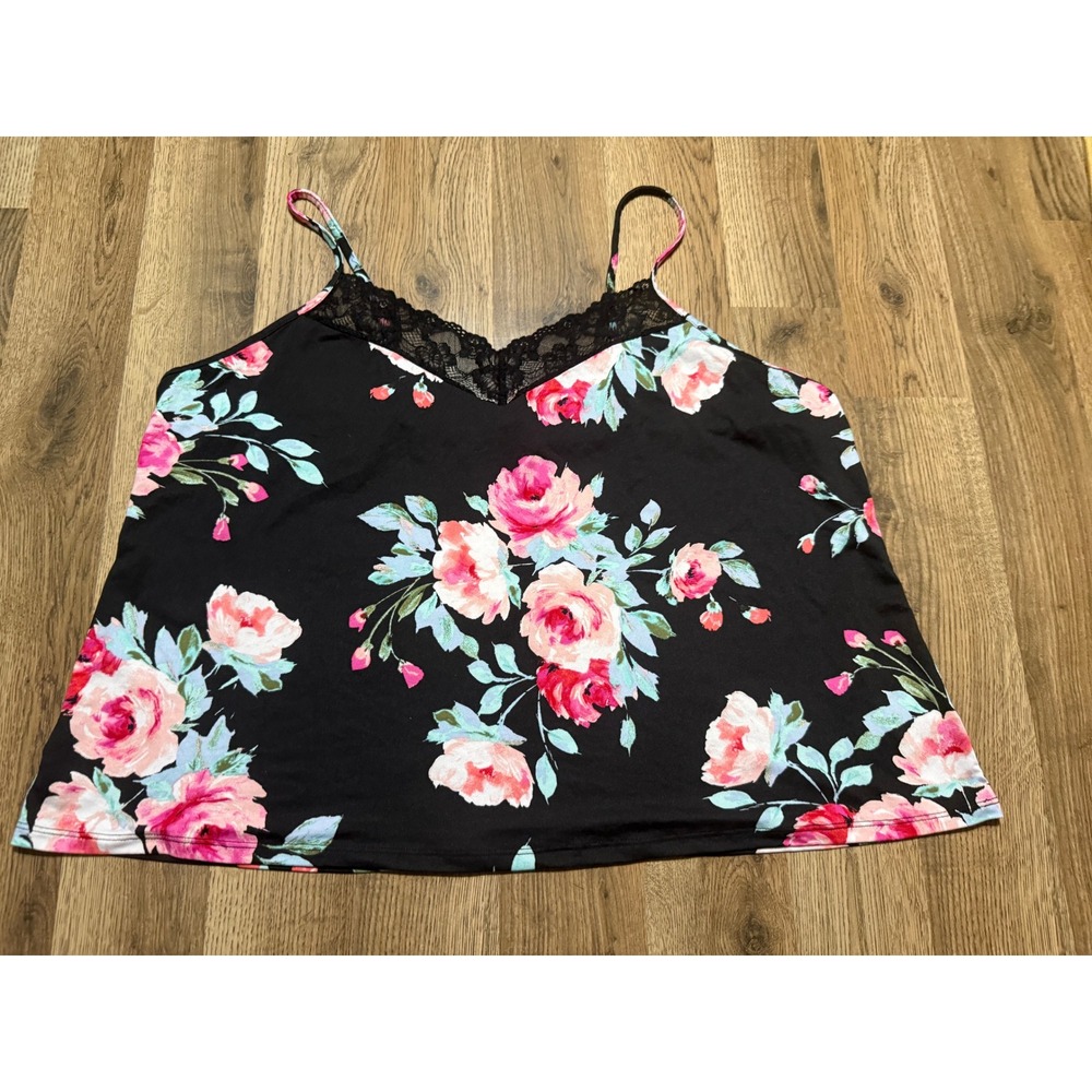Joyspun Camisole Top Women 2X Black Floral Plus Size Lace Trim Sleepwear